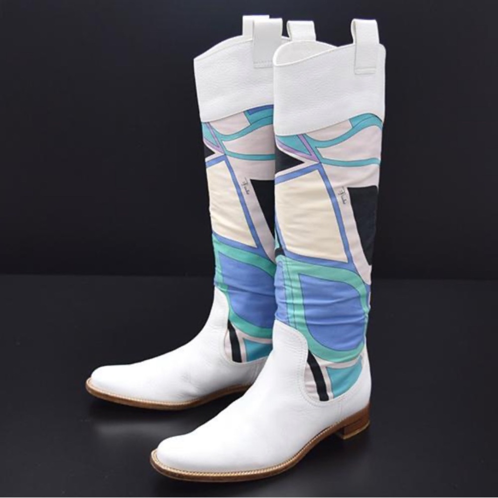 Emilio Pucci White and Blue Patterned Boots in Iconic Print